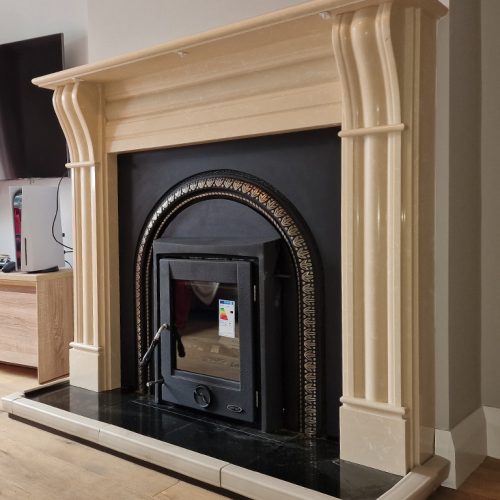 a fireplace with a wood floor