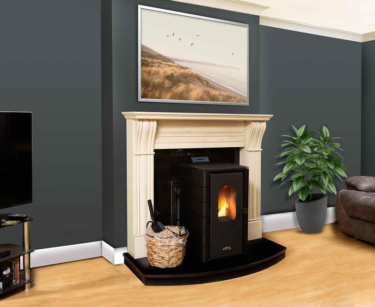 solis k50 pellet stove in lifestyle setting SOLIS K50 PELLET 6 kw SOLIS K50 PELLET 6 kw - Image 7