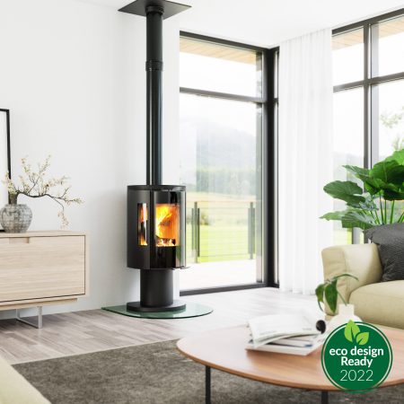 Elite G4 stove on a pedestal in a living room